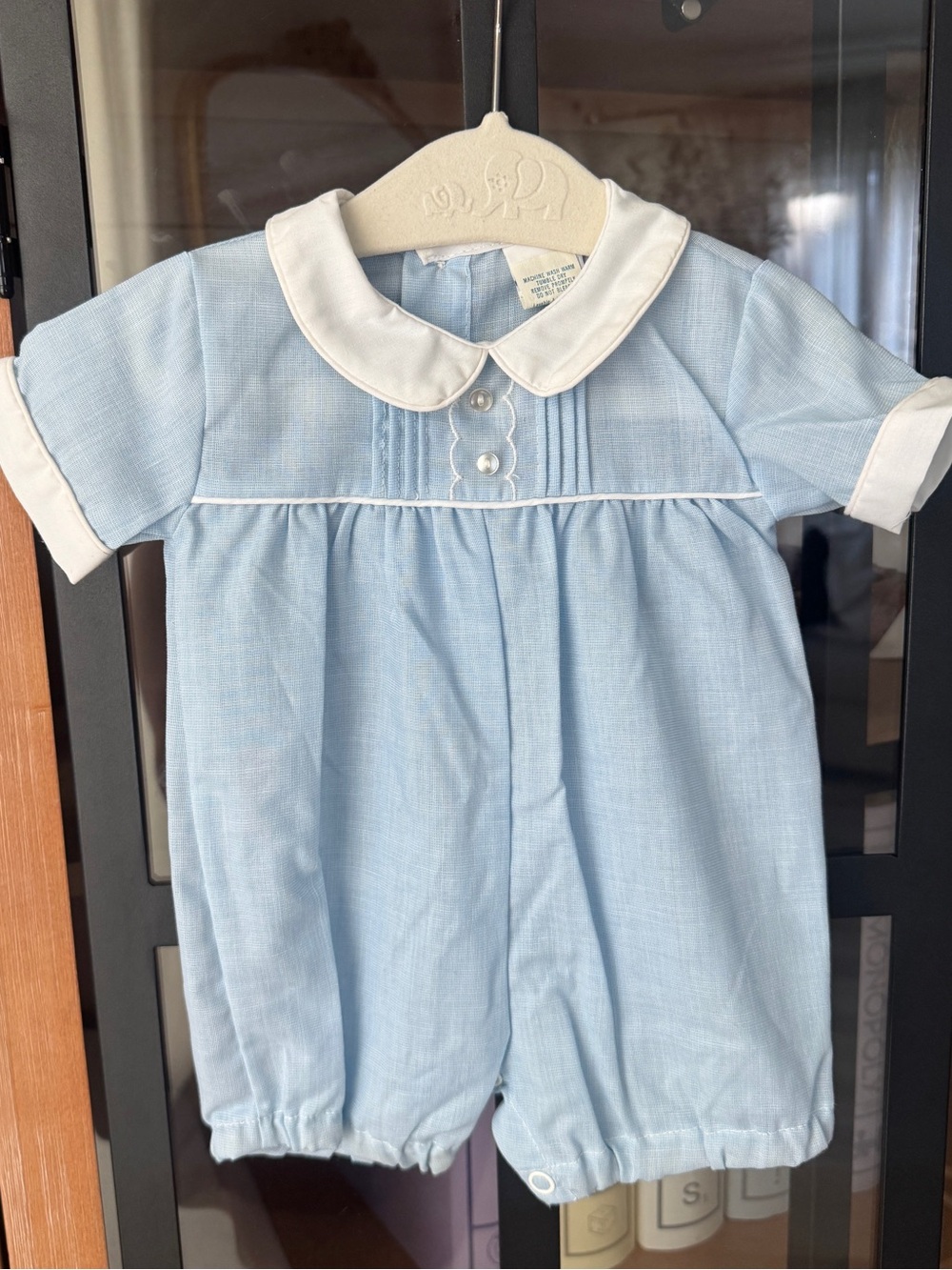Vintage heirloom shortall romper baby boy newborn peter pan collar pintuck